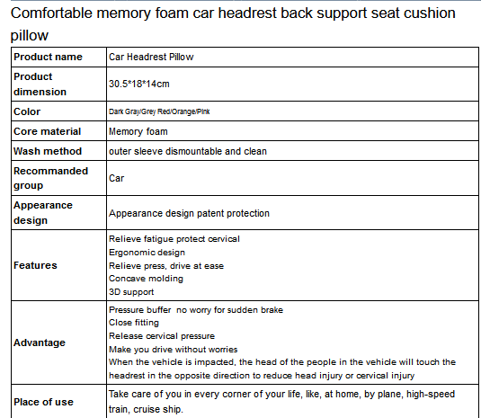 Comfortable memory foam car headrest back support seat cushion pillow