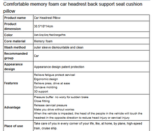 Comfortable memory foam car headrest back support seat cushion pillow