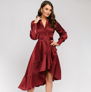 Women Sexy V Neck Ruffles A Line Satin Vintage Dress