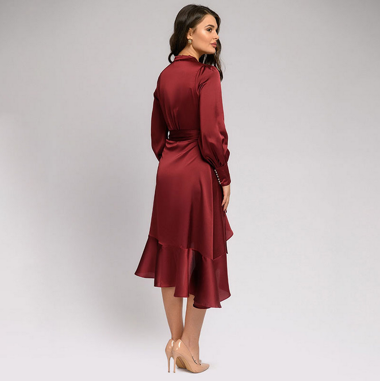 Women Sexy V Neck Ruffles A Line Satin Vintage Dress