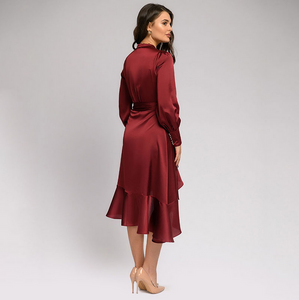 Women Sexy V Neck Ruffles A Line Satin Vintage Dress