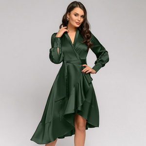 Women Sexy V Neck Ruffles A Line Satin Vintage Dress