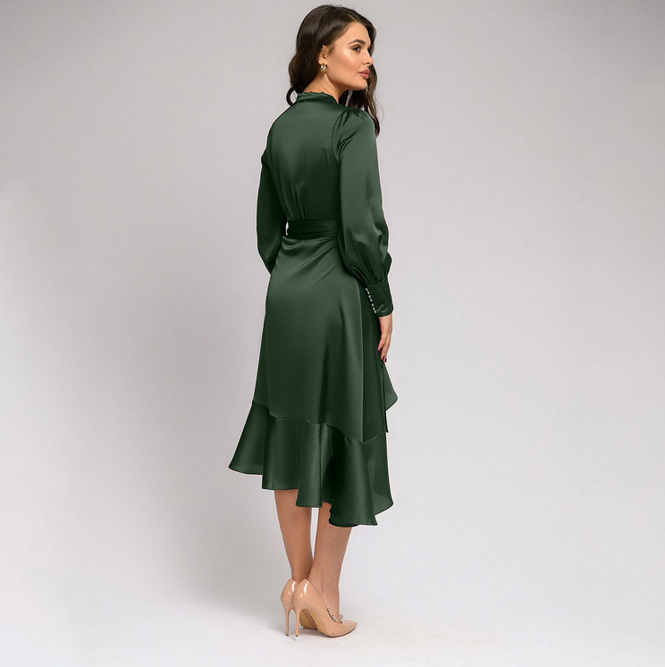 Women Sexy V Neck Ruffles A Line Satin Vintage Dress