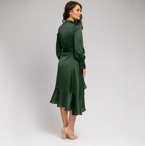 Women Sexy V Neck Ruffles A Line Satin Vintage Dress