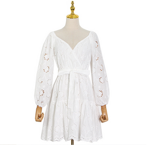 V-neck lantern sleeves wavy hollow embroidered tulle skirt