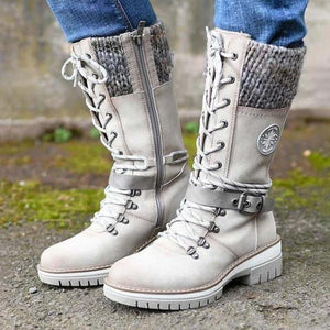 Women Buckle Lace Knitted Mid-calf Boots