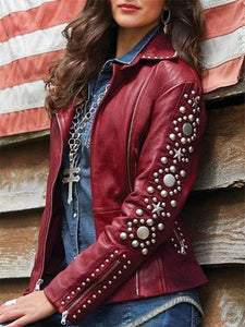 Casual Rhinestone Leather Jacket