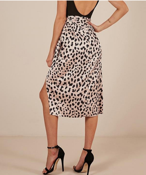 Custom Ladies New Design Leopard Print Satin Wrap Midi Skirt