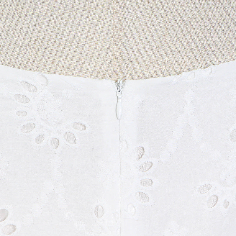 V-neck lantern sleeves wavy hollow embroidered tulle skirt
