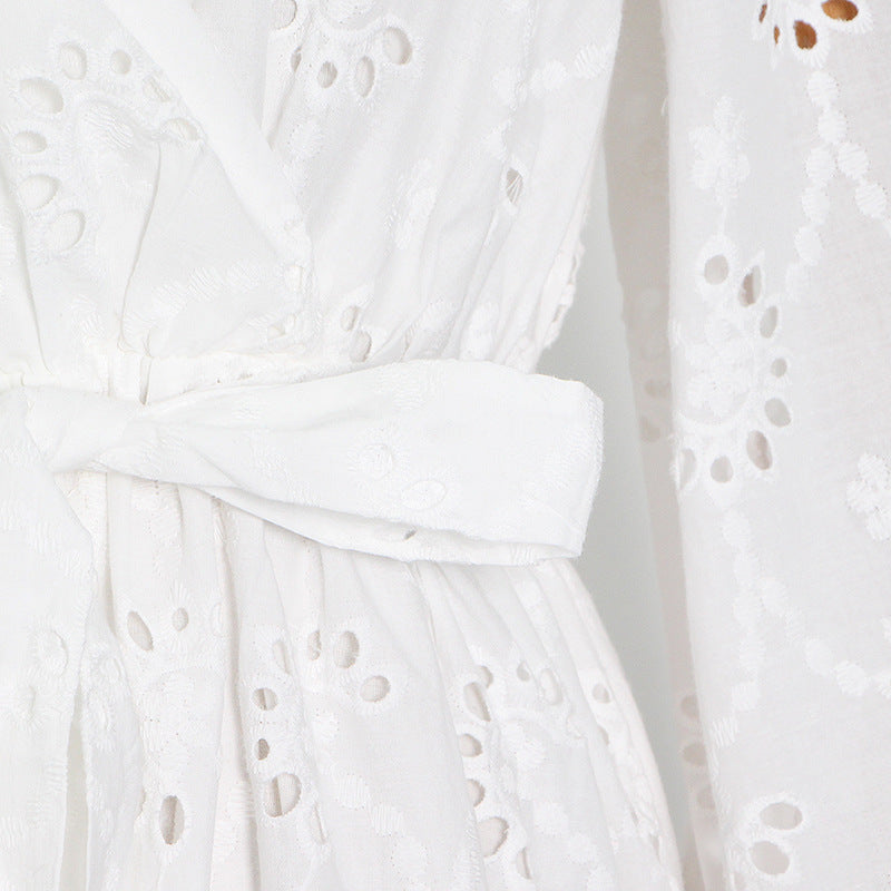 V-neck lantern sleeves wavy hollow embroidered tulle skirt
