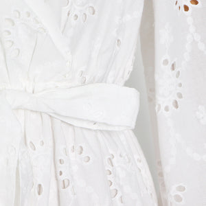 V-neck lantern sleeves wavy hollow embroidered tulle skirt